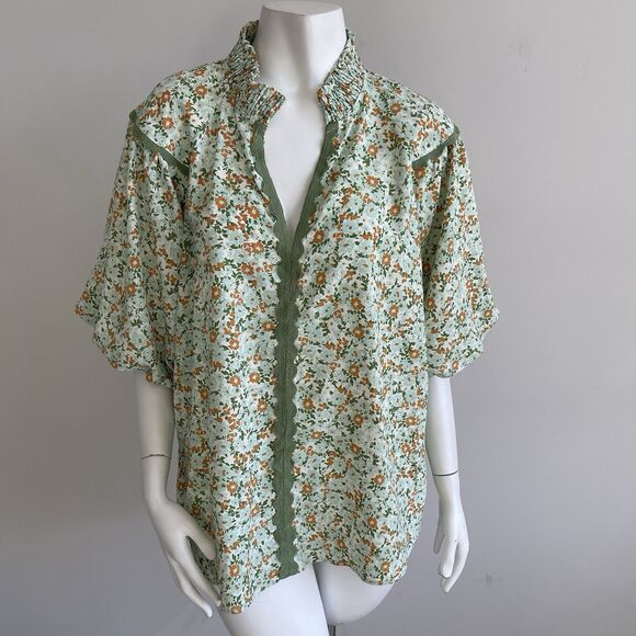Umgee 1XL Green Floral Blouse Puff Sleeves Boho Shabby Cottage Chic Top Popover - Picture 1 of 12